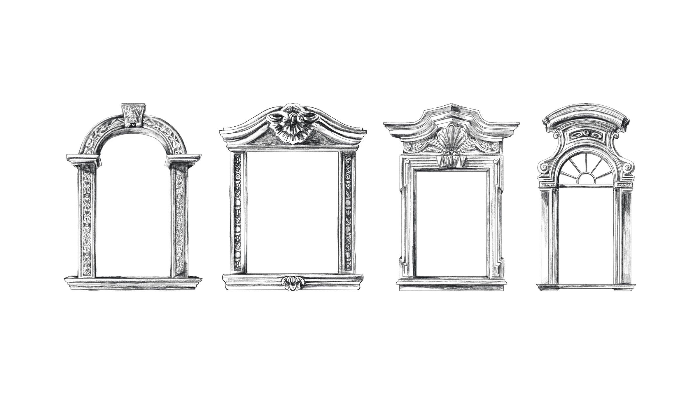 Hand-drawn French windows, each in its own style