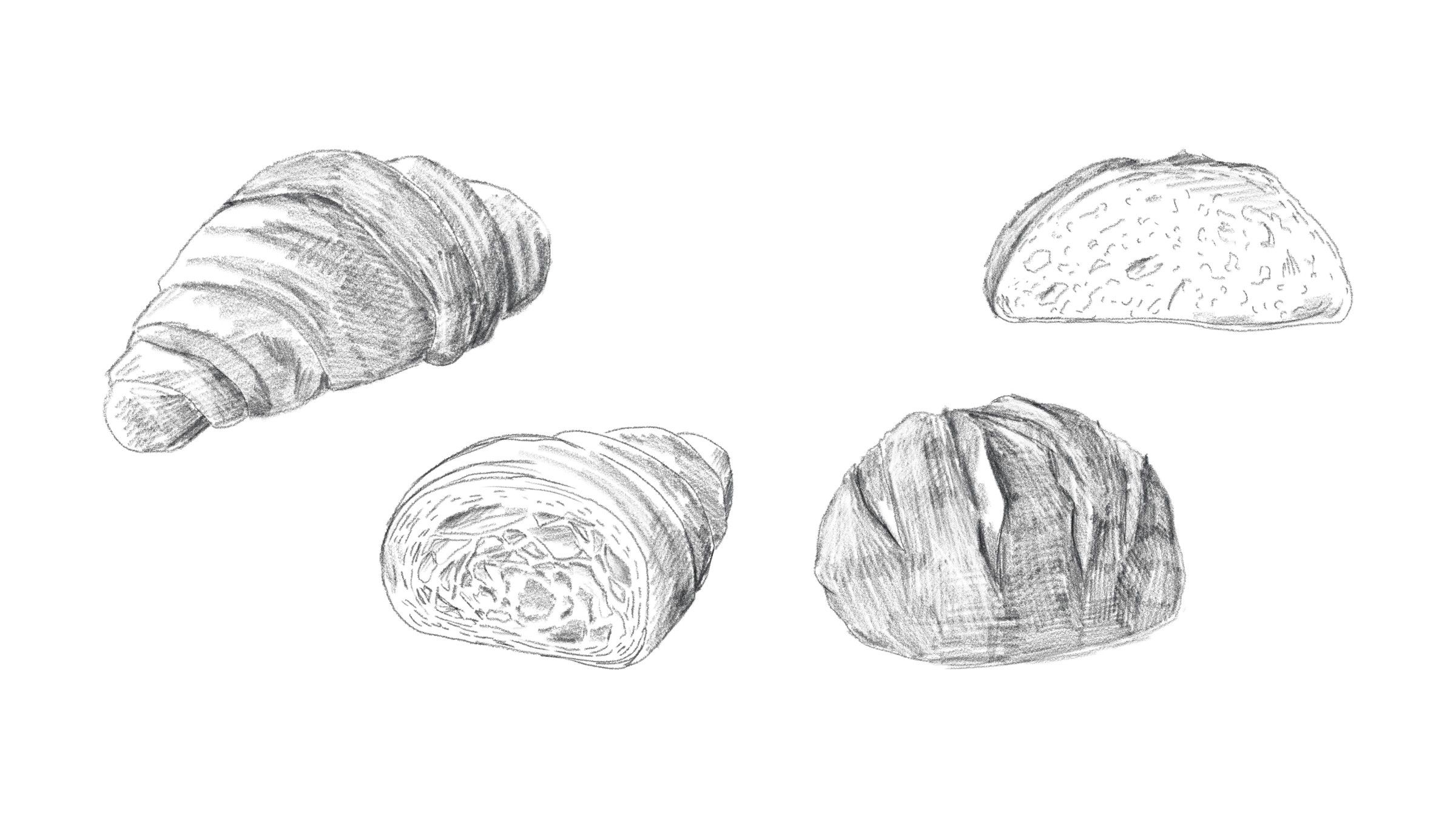 Hand-drawn croissants and country loaf