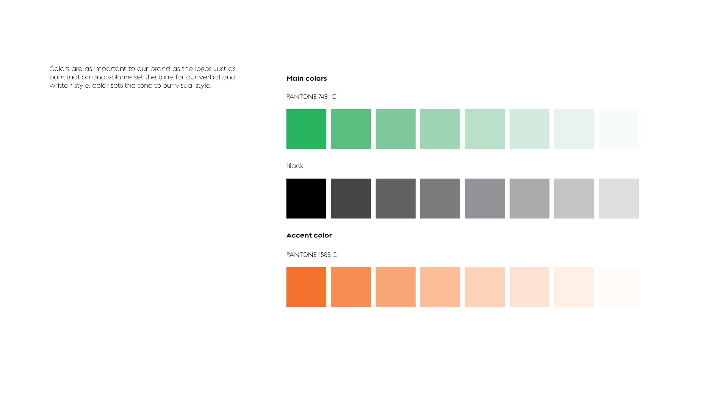 Colours: PANTONE 7481 C green, black and PANTONE 1585 C accent