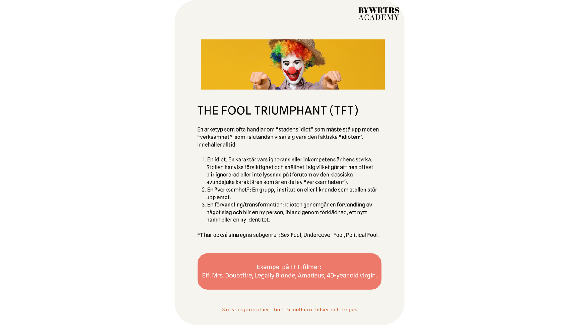 En färgglad clown pekar mot kameran. Under bilden står titeln The fool triumphant (TFT) som följs av text.