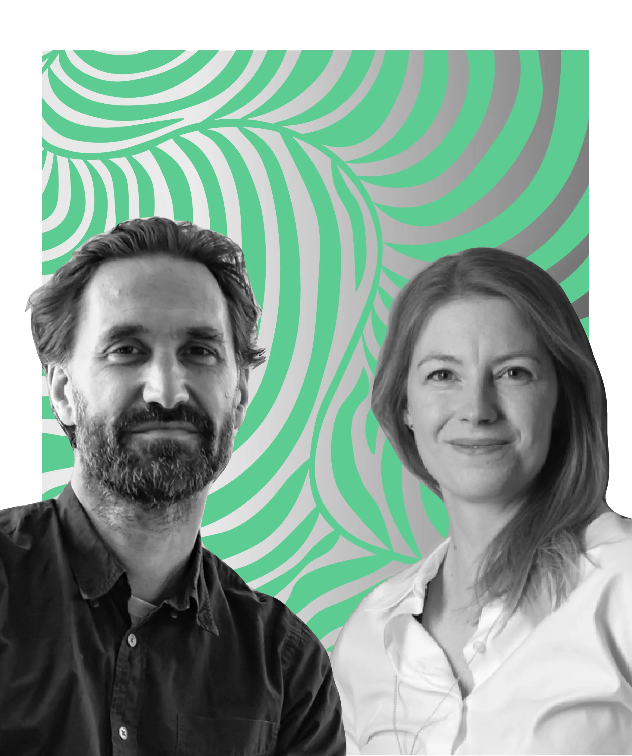 Ben och Therese mot en mönstrad grön bakgrund
