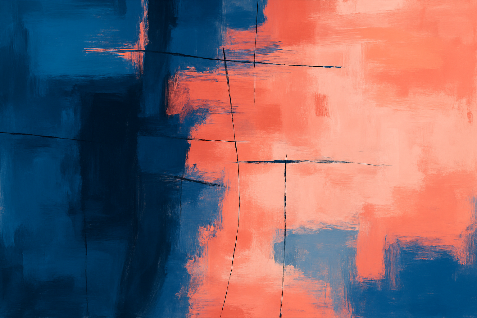 Ett abstrakt motiv likt en målning i BYWRTRS färger, blå och korall.