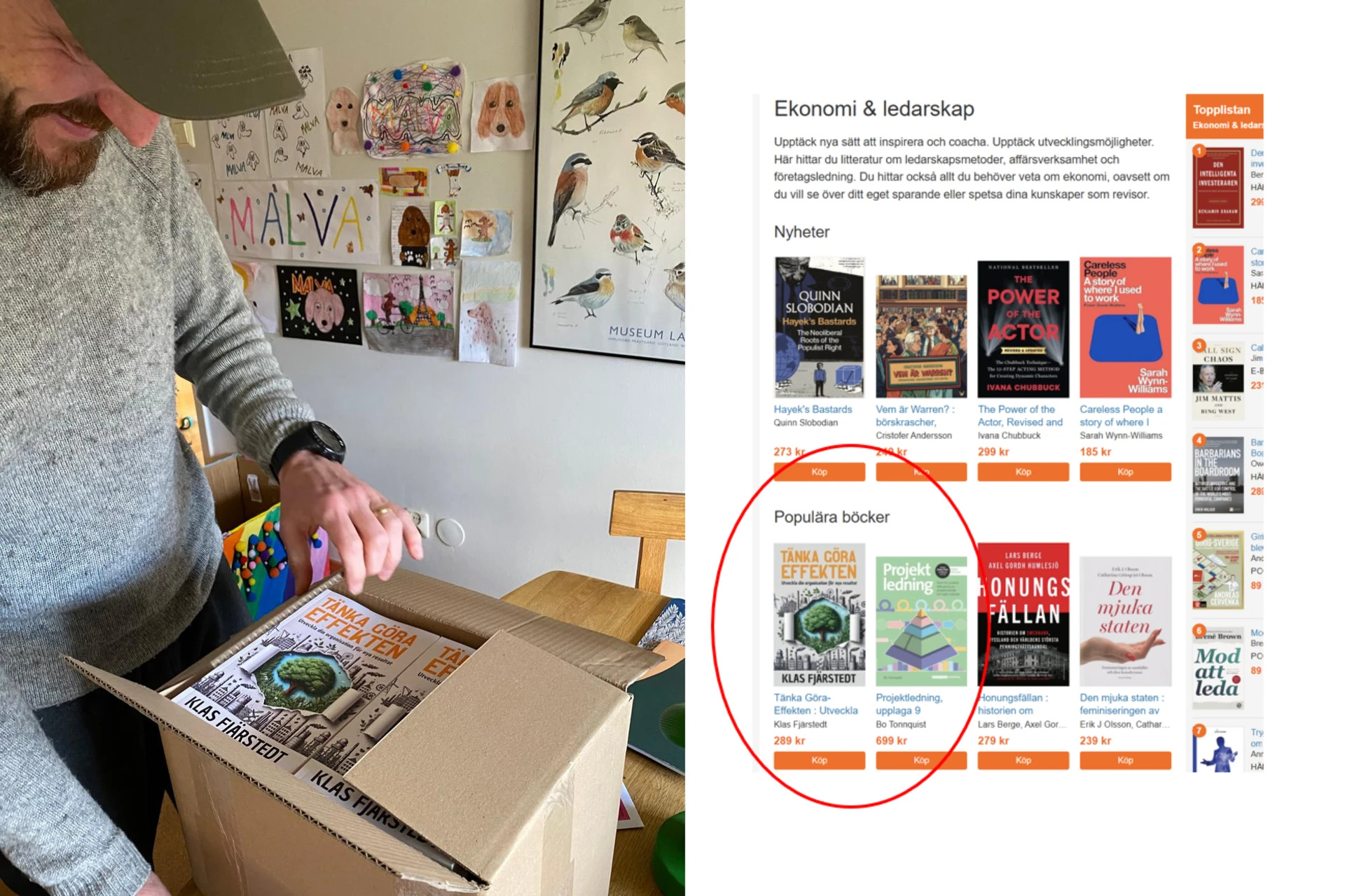Klas Fjärstedt öppnar lådan med sin nya bok Tänka Göra-Effekten. Bilden bredvid visar Bokus topplista.