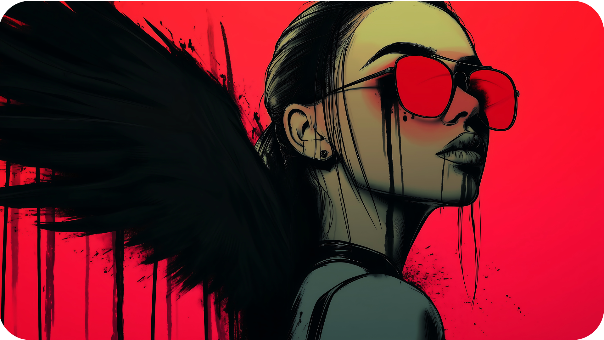 Tecknad bild av en ung kvinna med svart hår, röda glasögon och svarta vingar. Hon ses snett från sidan mot en röd bakgrund.