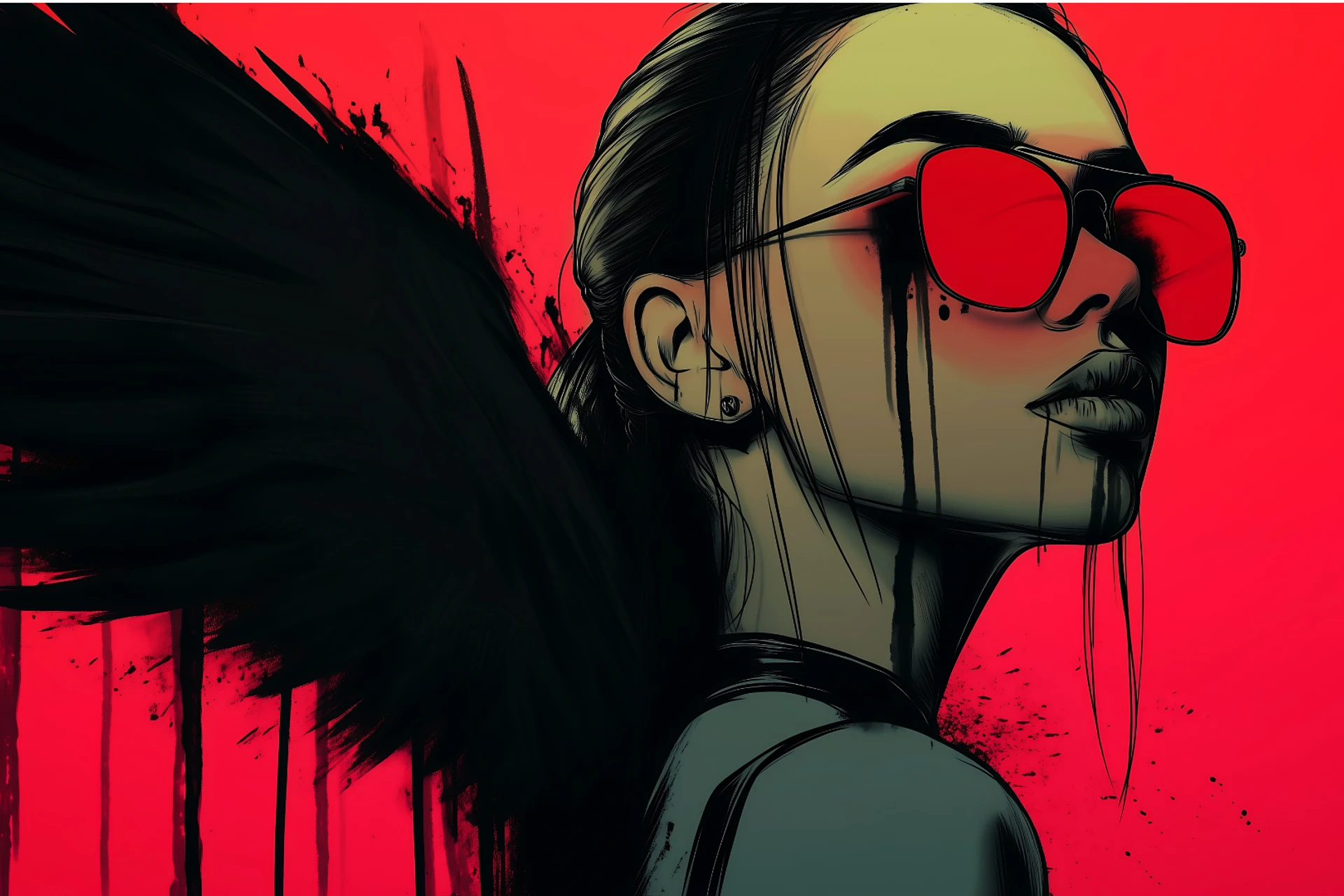 Tecknad bild av en ung kvinna med svart hår, röda glasögon och svarta vingar. Hon ses snett från sidan mot en röd bakgrund.