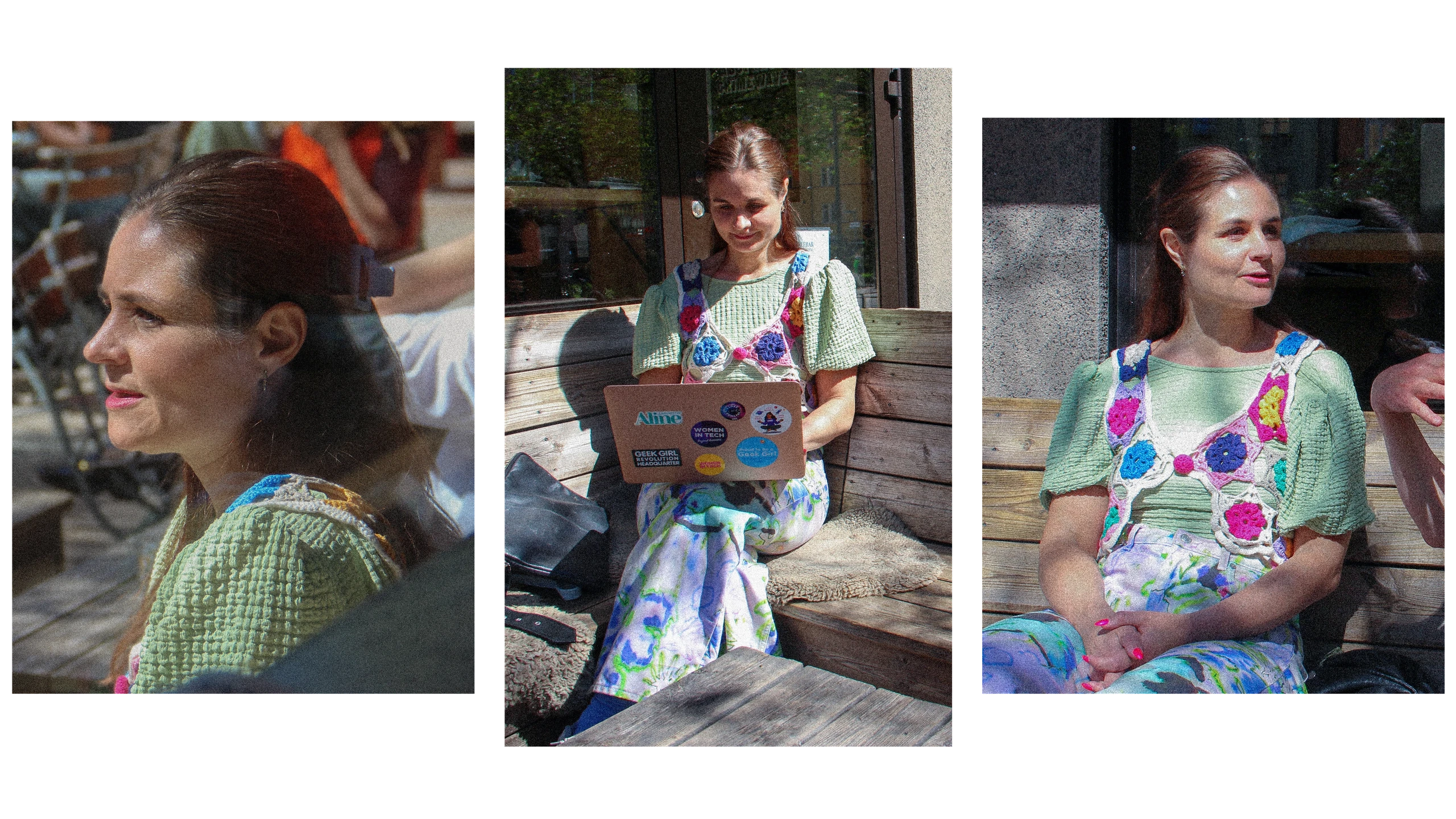 Paulina Modlitba sitter i färgglada kläder och fikar vid Bysistorget.