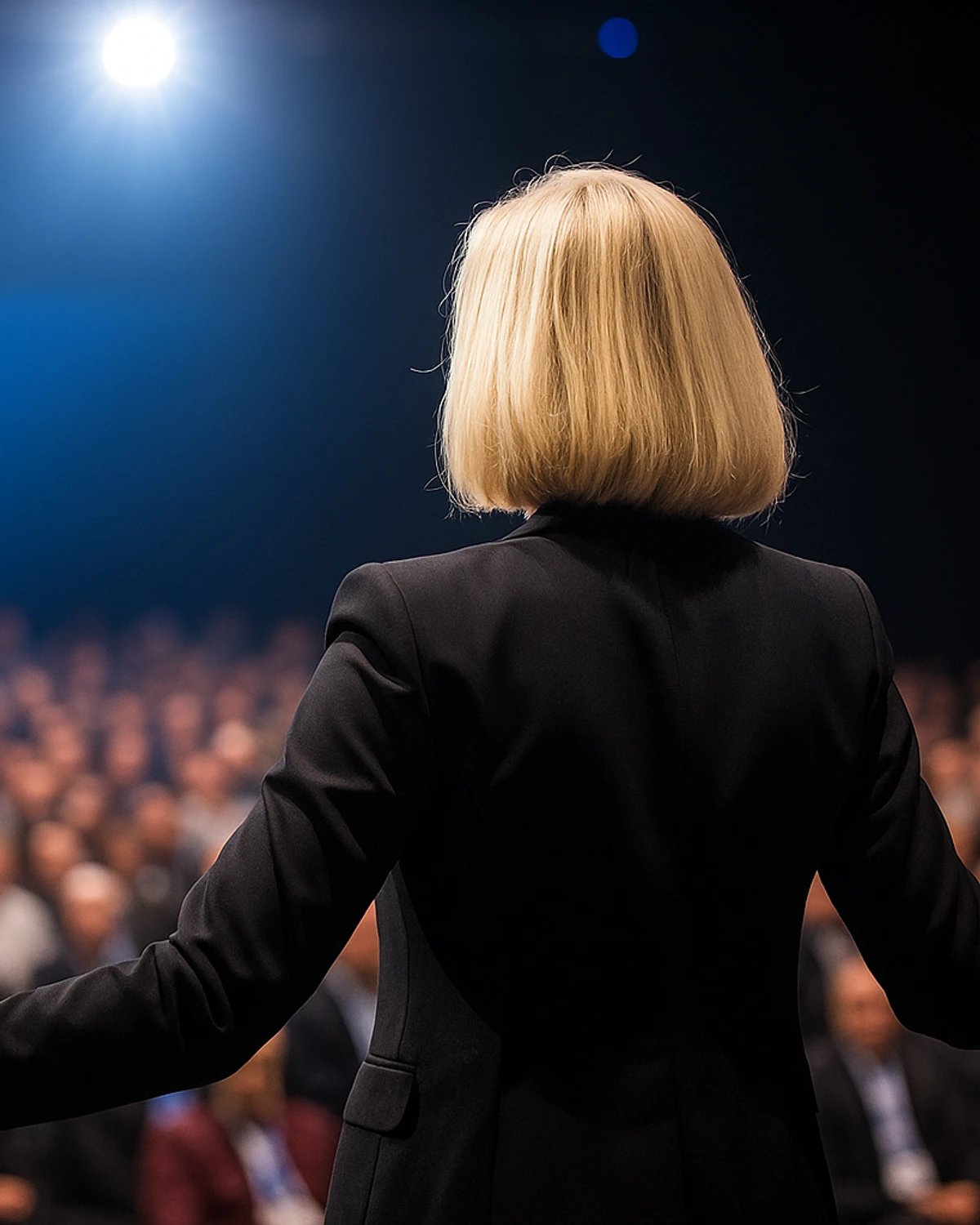 En kvinna i blond page står på en scen framför en stor publik.