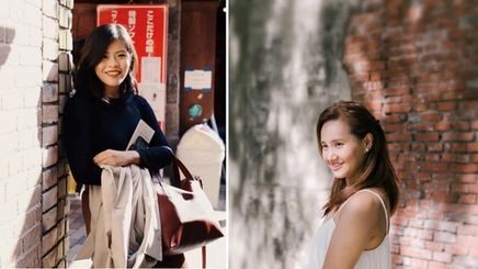 Collage of two Asian women, one wearing black and one wearing white, both posing against a brick walls.