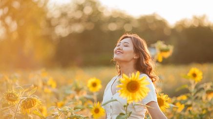 Asian woman in a field of sunflowers
