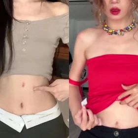 A collage of two women using fake belly button stickers.
