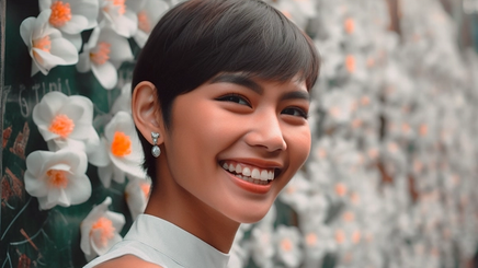 A smiling asian woman with short hair.