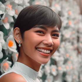 A smiling asian woman with short hair.