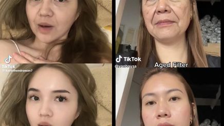 A collage of two women trying out the Aged TikTok filter.