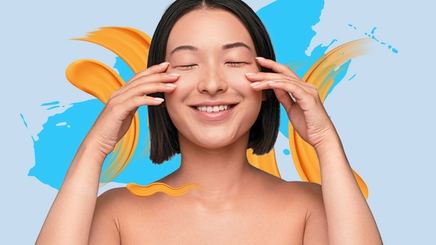 An Asian woman touching face