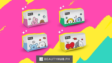 Four BT21 pouches featuring all eight BT21 characters on pink background