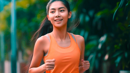 An Asian woman wearing workout gear and jogging outside