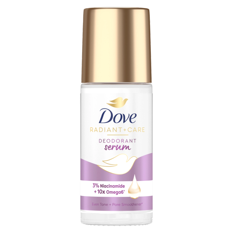 Dove Radiant + Care Deodorant Serum Roll On - Pore Smoother with 3% Niacinamide and 10x Omega6