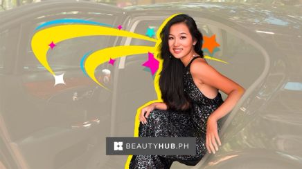 Asian woman in sequin gown getting out of black car.