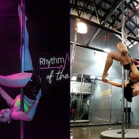 Two pole dancers doing inverted routines.