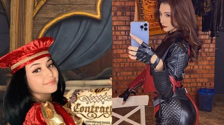A collage of two women dressing up as Lord Farquaad and Deadpool for Halloween.
