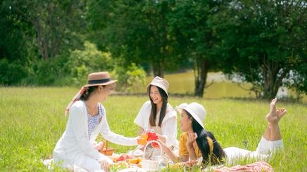 Group of Asian women chatting, smiling and having a picnic in the sun