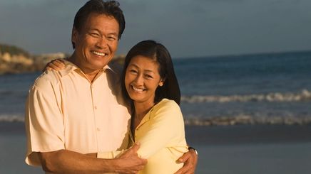  Portrait of a happy Asian couple matching in yellow.
