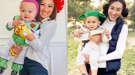 Two pictures of mom-and-baby costumes for Halloween.