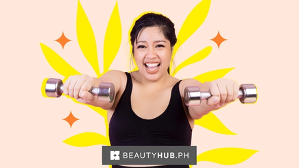 A plus-size woman jogging with hand weights