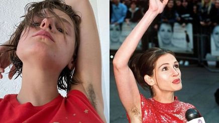 A collage of Emma Corrin and Julia Roberts showing their armpit hair.