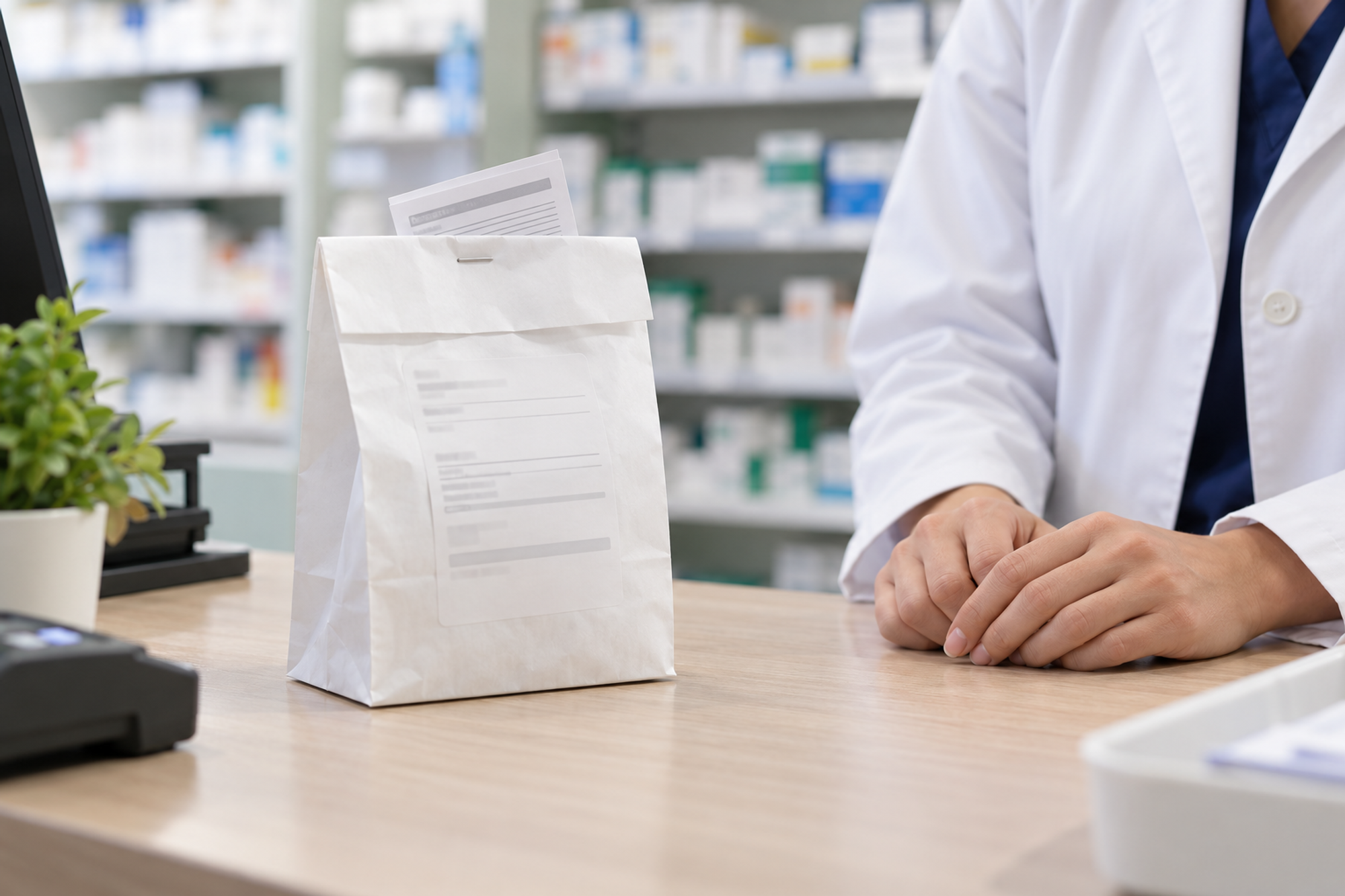A stapled white pharmacy bag with a patient leaflet protruding, resting on a dispensing counter beside a pharmacist's hands.