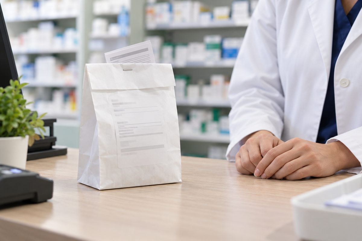 A stapled white pharmacy bag with a patient leaflet protruding, resting on a dispensing counter beside a pharmacist's hands.