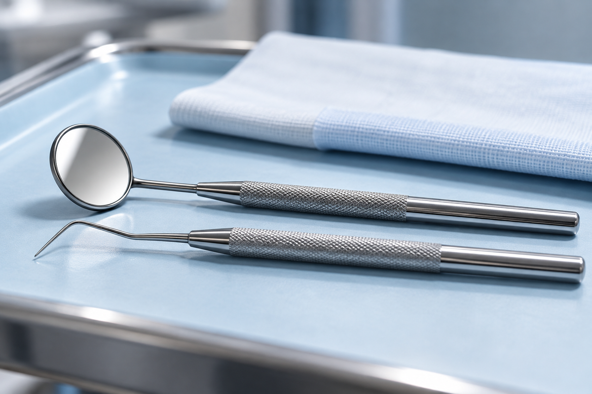A dental mirror and periodontal probe lying parallel on a sterile pale blue instrument tray