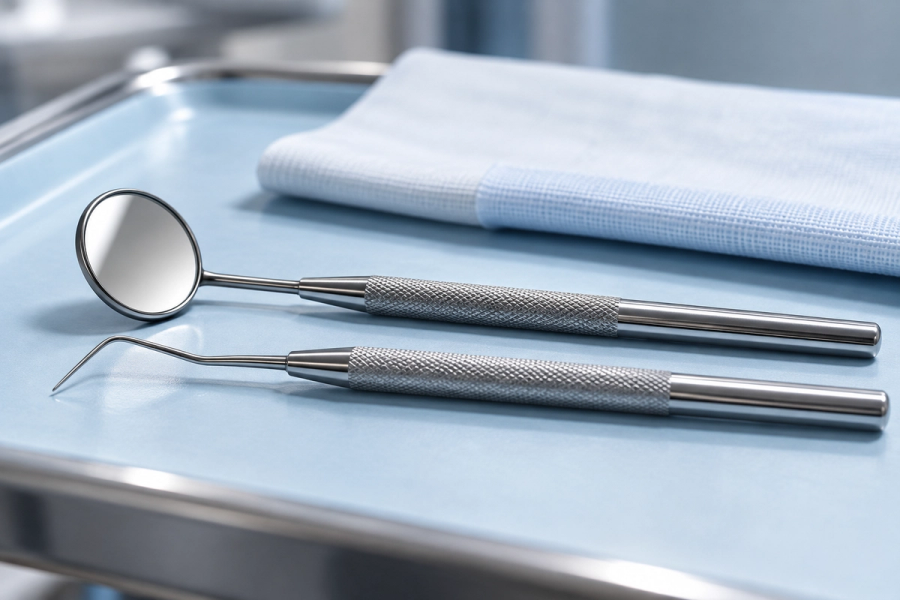 A dental mirror and periodontal probe lying parallel on a sterile pale blue instrument tray