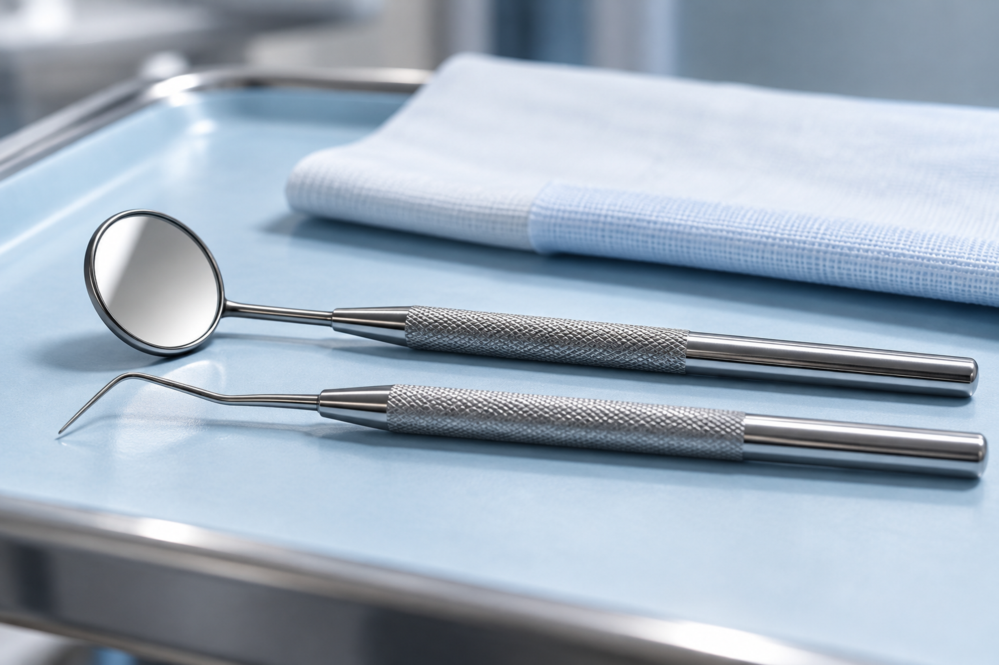 A dental mirror and periodontal probe lying parallel on a sterile pale blue instrument tray
