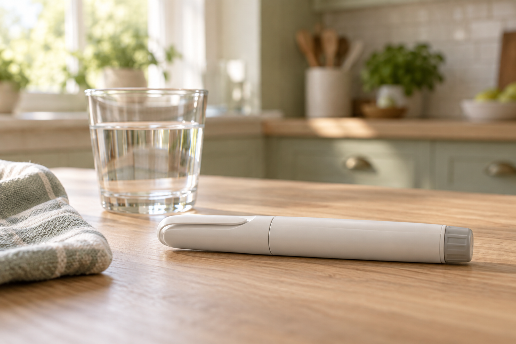 A capped prefilled pen injector resting on a kitchen counter beside a glass of water in morning light