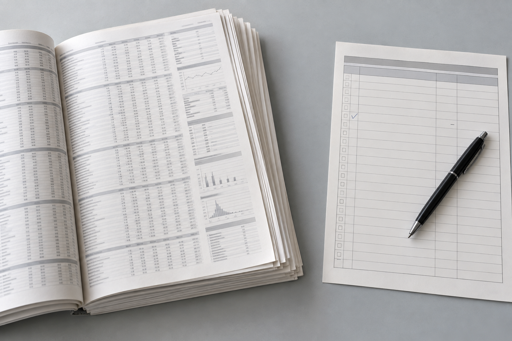 A thick laboratory report dense with values beside a functional assessment sheet left almost entirely blank