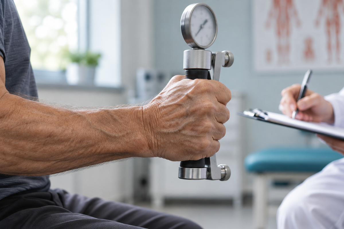 An older adult's hand firmly gripping a hand dynamometer during a clinic strength assessment.