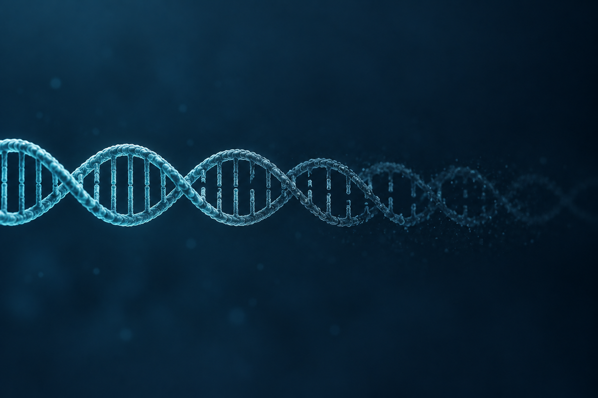 A DNA helix, sharply defined at one end, progressively breaking apart and fading toward the other