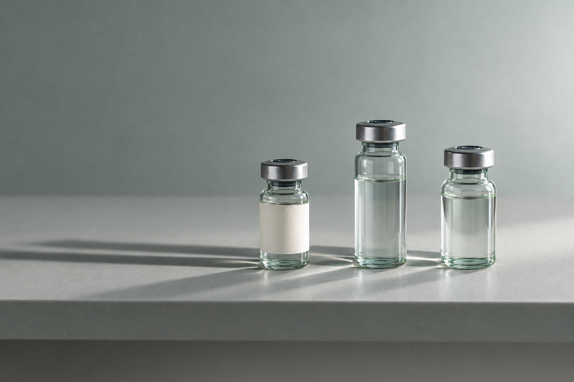 Three similar glass vials on a shelf, only one labelled, each casting a shadow of noticeably different length