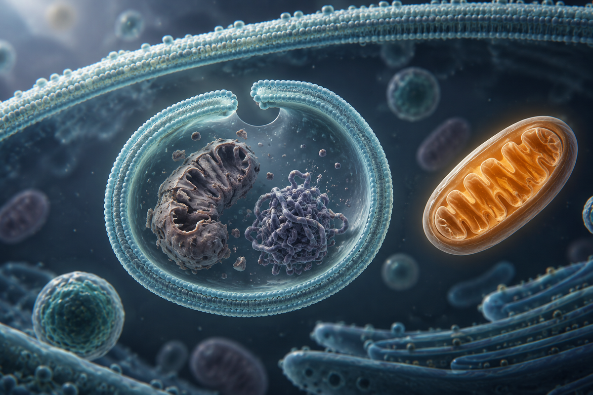 A double-membraned vesicle closing around a damaged mitochondrion and misfolded protein, with an intact mitochondrion nearby