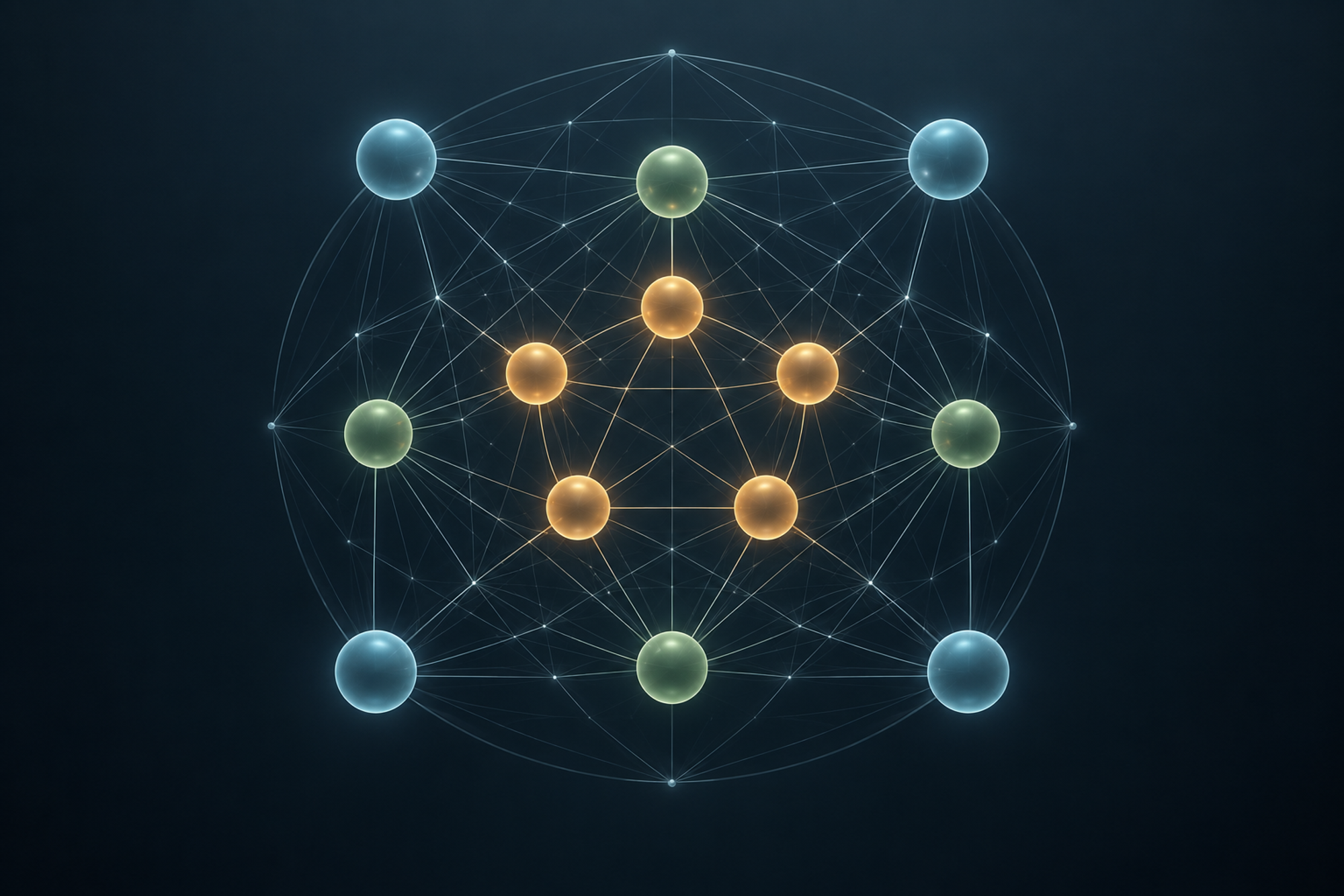 Twelve nodes in three loose concentric bands, densely interconnected so no node stands apart from the network