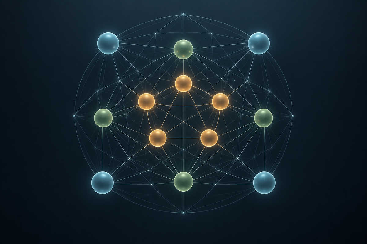 Twelve nodes in three loose concentric bands, densely interconnected so no node stands apart from the network