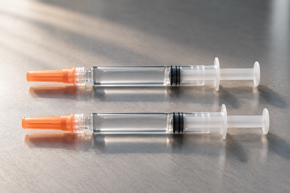 Two identical capped syringes lying parallel on a clinical surface, both filled with clear fluid and indistinguishable from one another