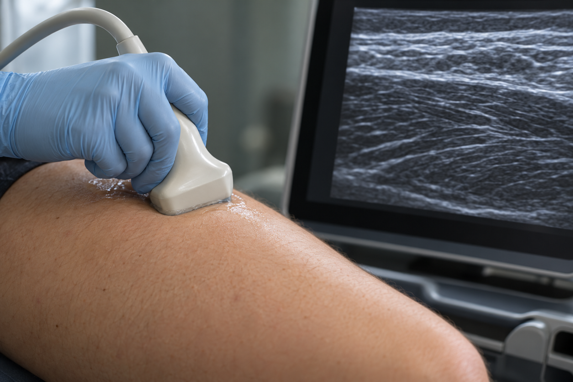 An ultrasound probe held against a thigh during a scan, with a cross-sectional greyscale muscle image on the screen beside it