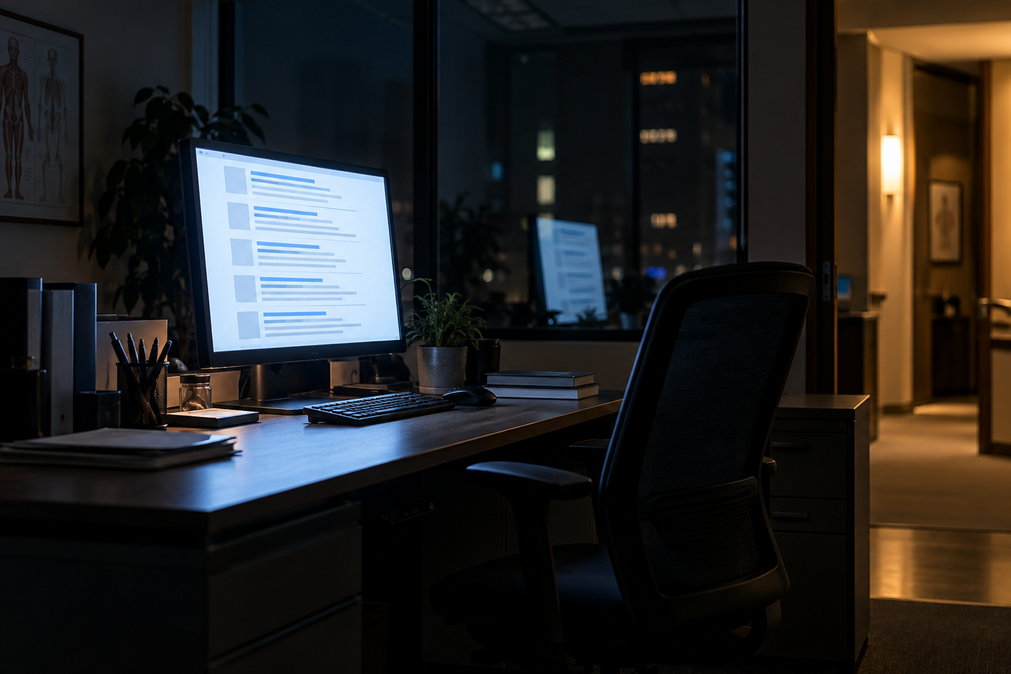 A monitor glowing in a dark, empty clinic office, showing a long illegible list of search results.