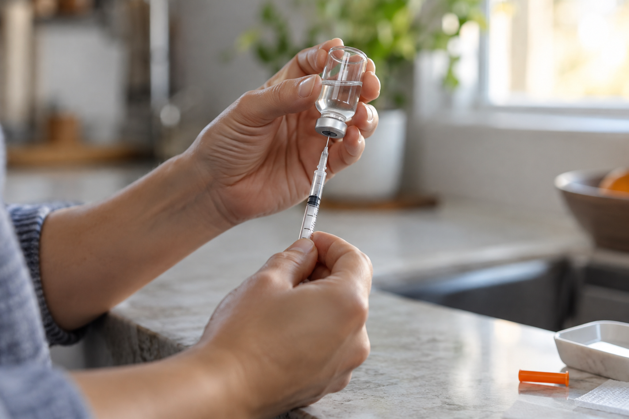 Hands drawing liquid from an inverted multi-dose vial into a thin insulin syringe at a kitchen counter.