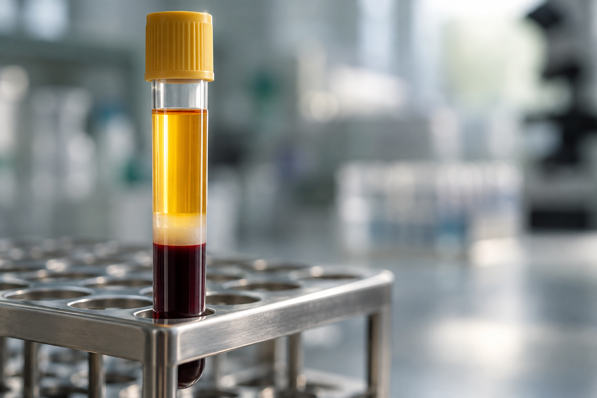 A spun serum separator tube in a rack, clear straw-coloured serum layered above separated red cells