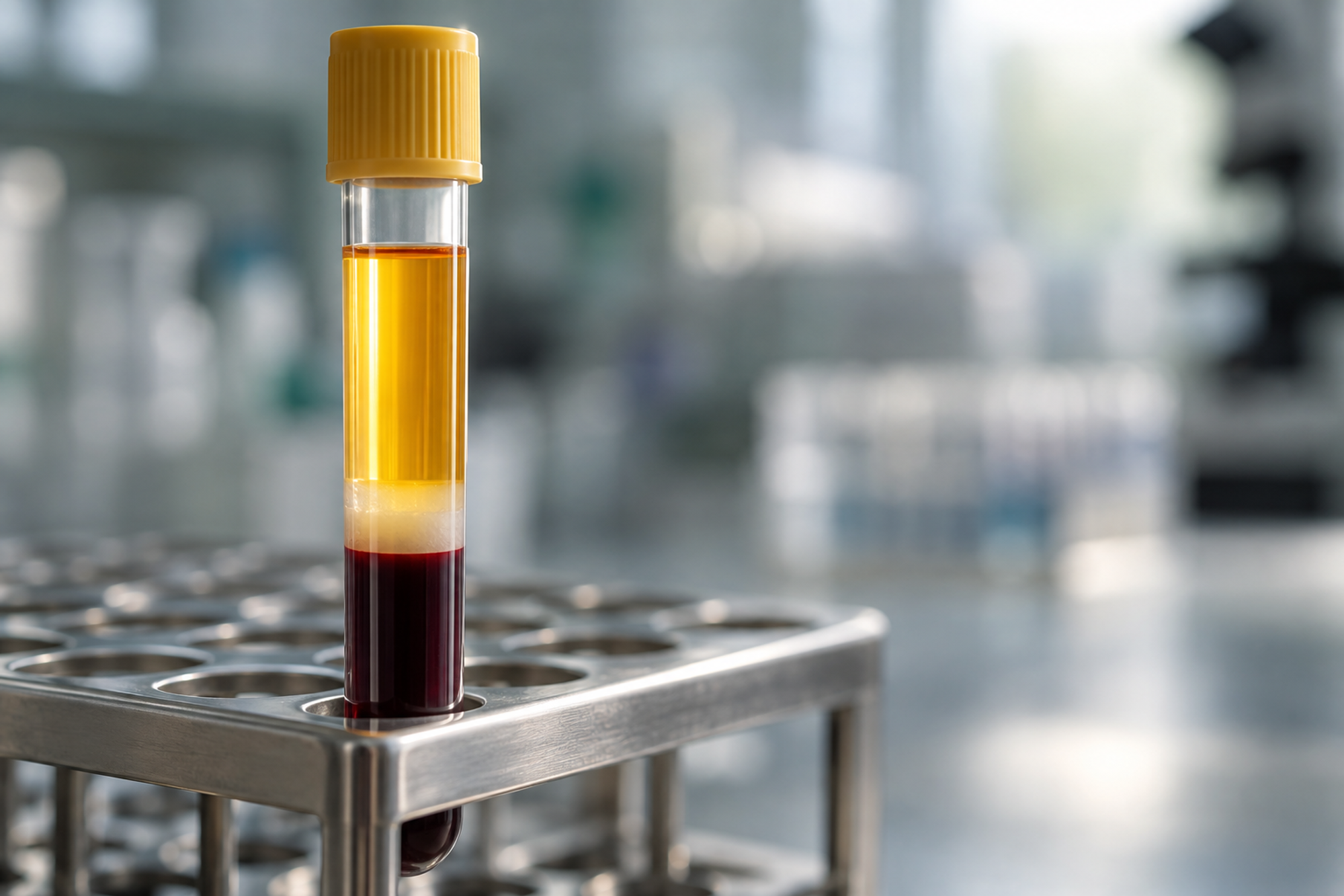 A spun serum separator tube in a rack, clear straw-coloured serum layered above separated red cells