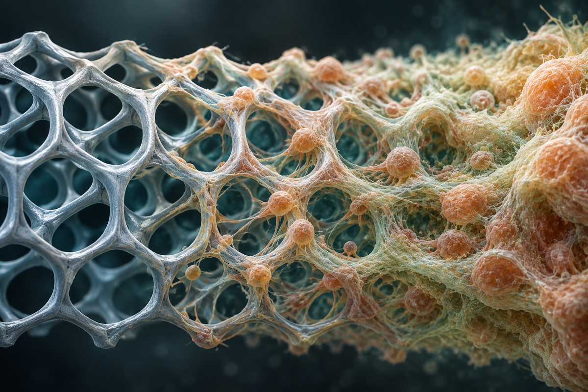 A fine lattice scaffold, bare at one end and progressively colonised by living tissue toward the other