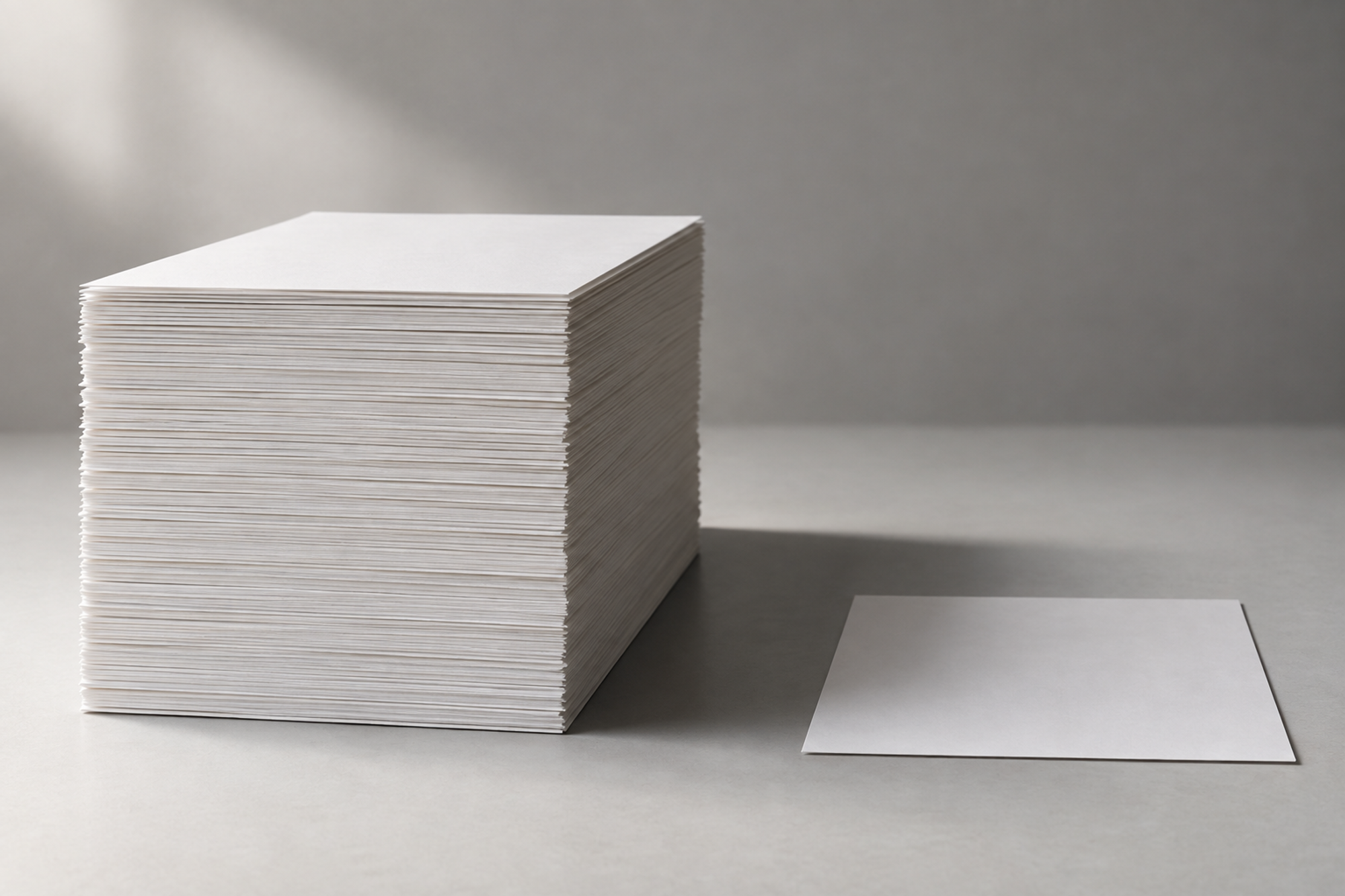A tall stack of blank paper beside a single separate sheet, the disproportion between them stark.